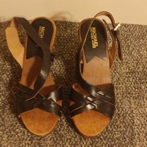Michael Kors black leather wedge wood sandals size 6